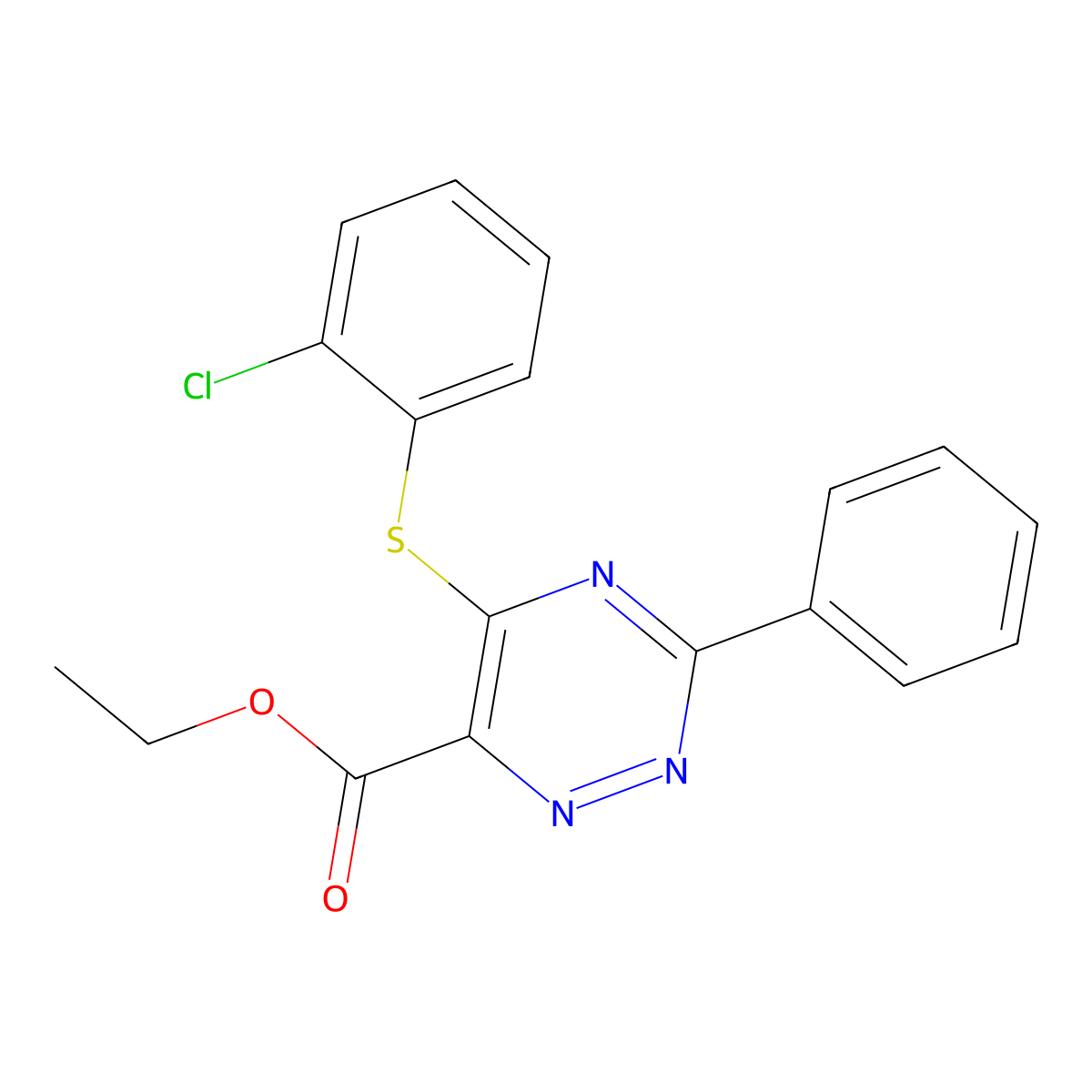 Ethyl 5-[(2-chlorophenyl)sulfanyl]-3-phenyl-1,2,4-triazine-6-carboxylate molecular structure, CAS 338957-31-6