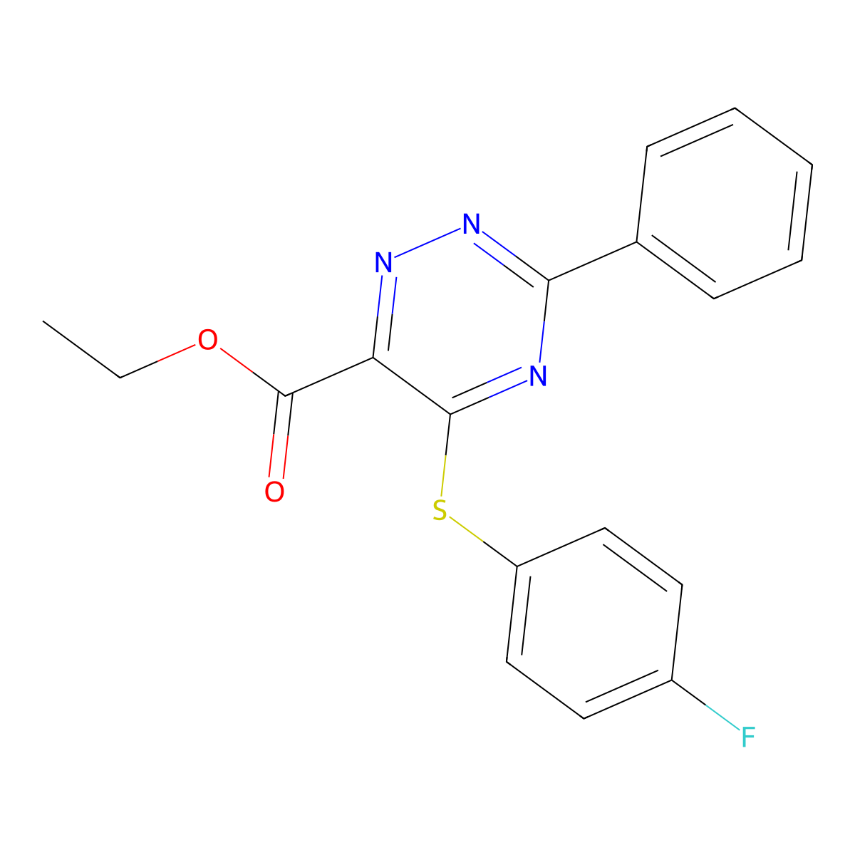 Ethyl 5-[(4-fluorophenyl)sulfanyl]-3-phenyl-1,2,4-triazine-6-carboxylate molecular structure, CAS 338957-33-8