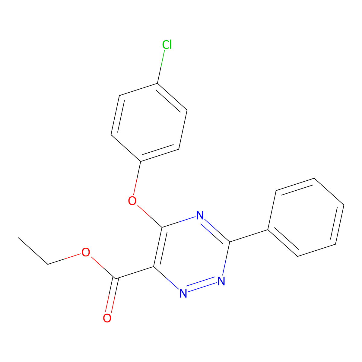 Ethyl 5-(4-chlorophenoxy)-3-phenyl-1,2,4-triazine-6-carboxylate molecular structure, CAS 338957-35-0