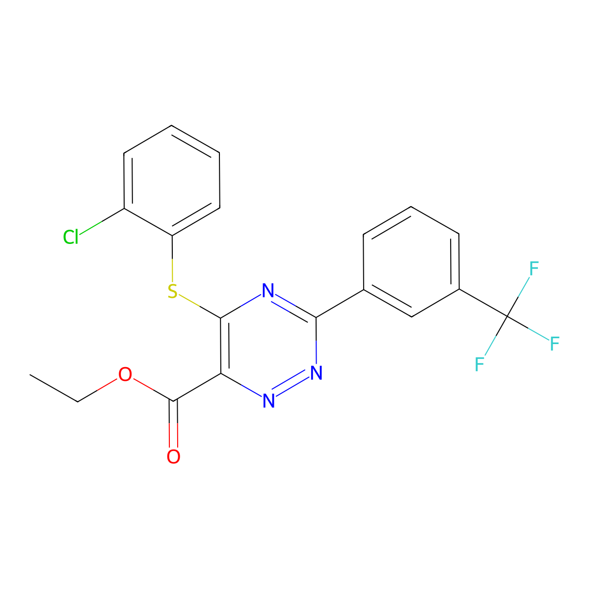 Ethyl 5-[(2-chlorophenyl)sulfanyl]-3-[3-(trifluoromethyl)phenyl]-1,2,4-triazine-6-carboxylate molecular structure, CAS 338957-57-6