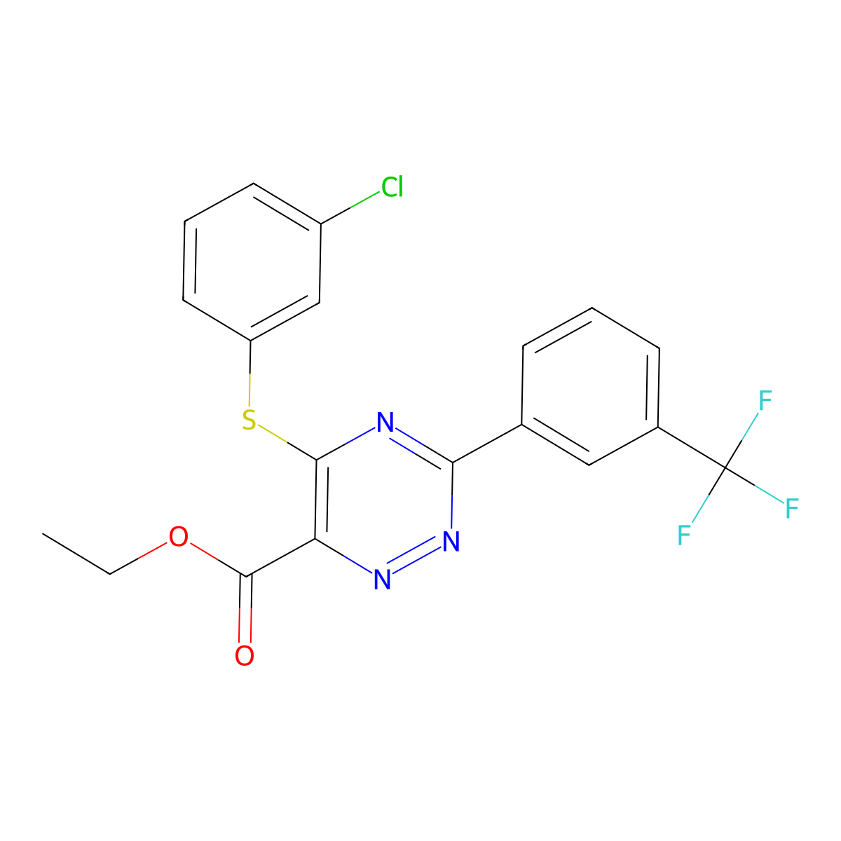 Ethyl 5-[(3-chlorophenyl)sulfanyl]-3-[3-(trifluoromethyl)phenyl]-1,2,4-triazine-6-carboxylate molecular structure, CAS 338957-58-7