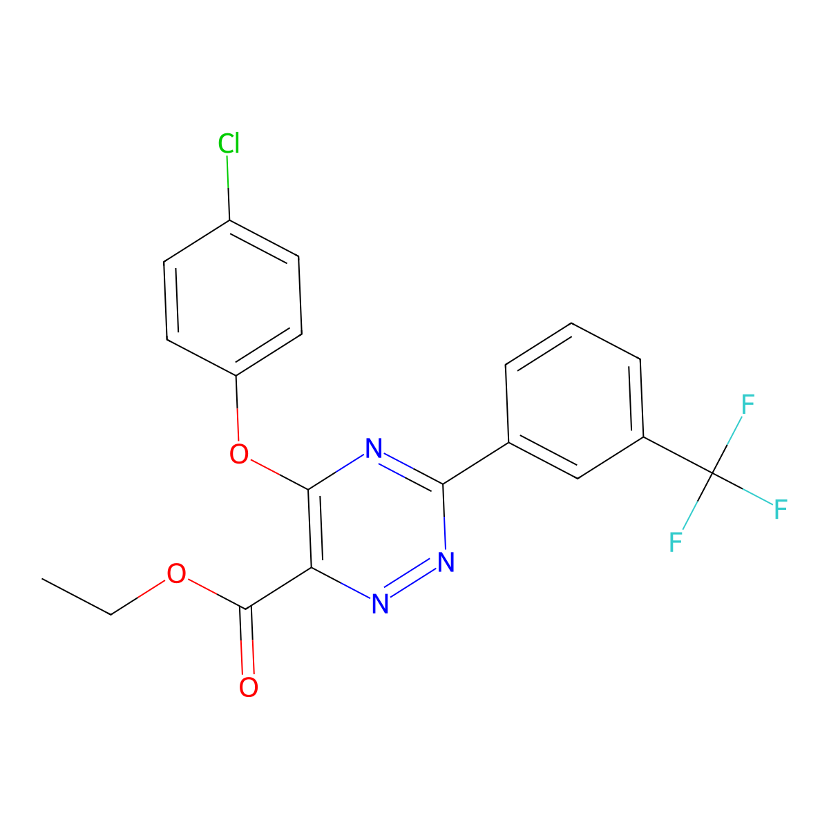 Ethyl 5-(4-chlorophenoxy)-3-[3-(trifluoromethyl)phenyl]-1,2,4-triazine-6-carboxylate molecular structure, CAS 338957-79-2