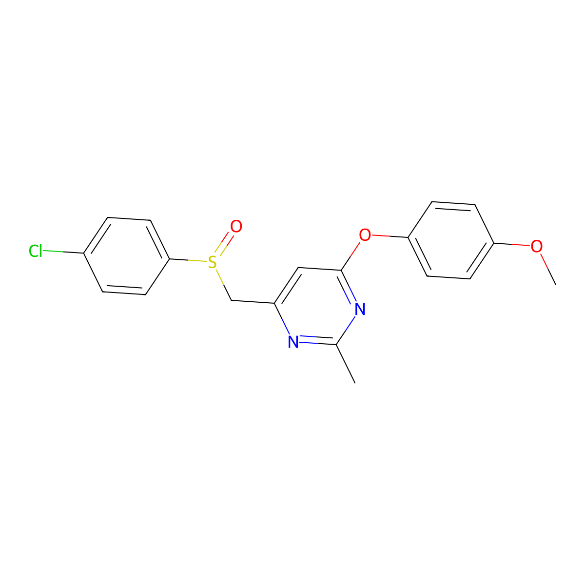 4-Chlorophenyl [6-(4-methoxyphenoxy)-2-methyl-4-pyrimidinyl]methyl sulfoxide molecular structure, CAS 338960-28-4