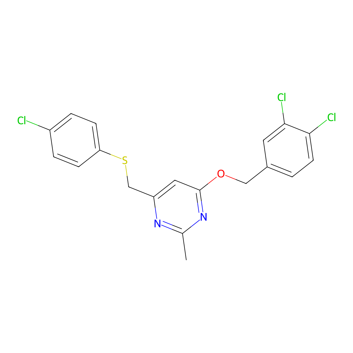 4-(((4-Chlorophenyl)sulfanyl)methyl)-6-((3,4-dichlorobenzyl)oxy)-2-methylpyrimidine molecular structure, CAS 338960-38-6