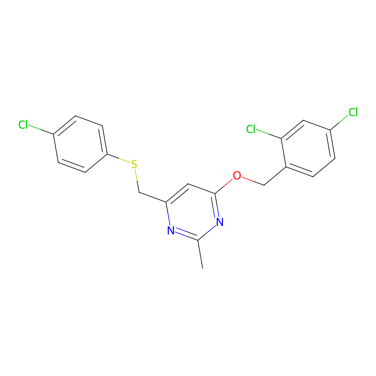 4-(((4-Chlorophenyl)sulfanyl)methyl)-6-((2,4-dichlorobenzyl)oxy)-2-methylpyrimidine molecular structure, CAS 338960-39-7