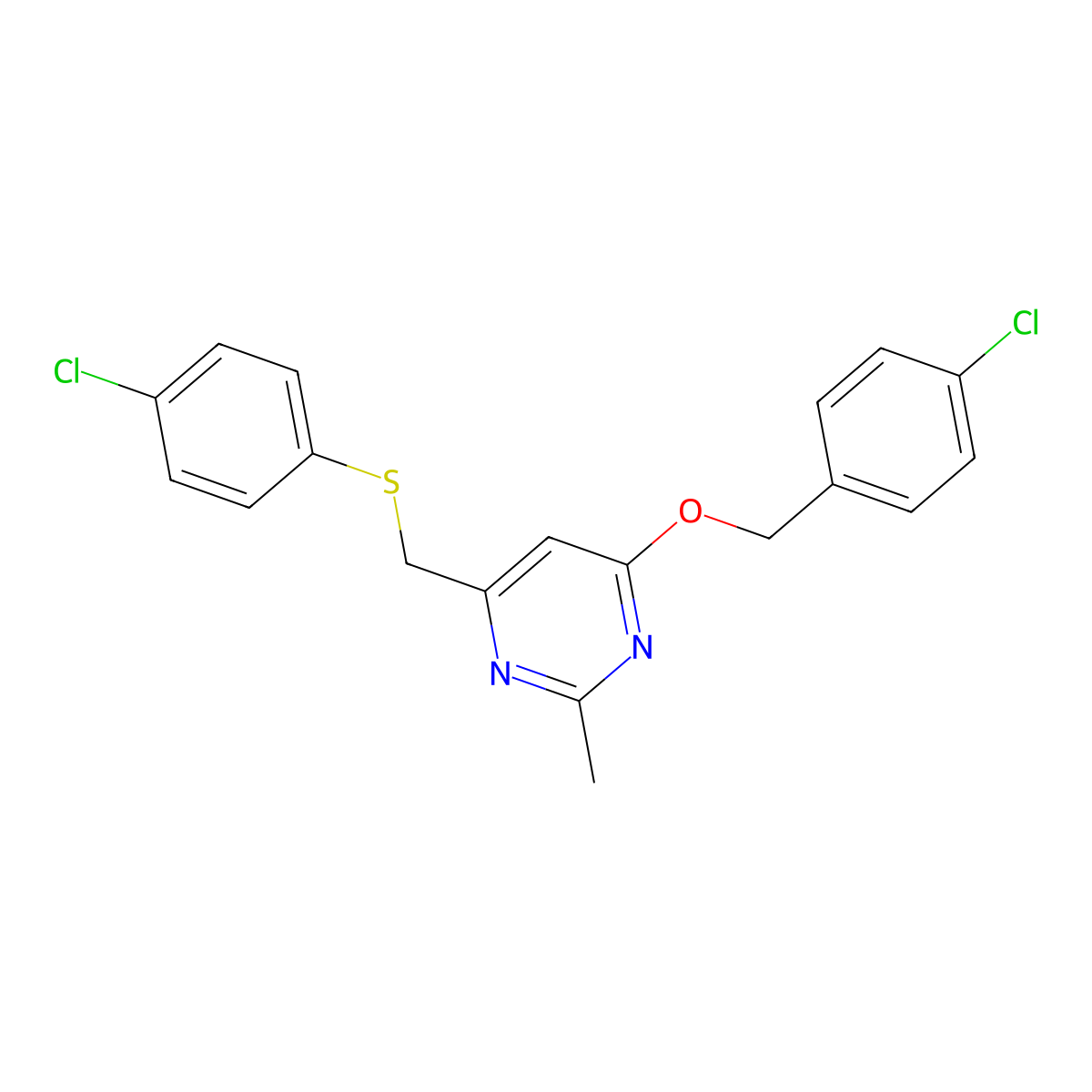 4-((4-Chlorobenzyl)oxy)-6-(((4-chlorophenyl)sulfanyl)methyl)-2-methylpyrimidine molecular structure, CAS 338960-40-0