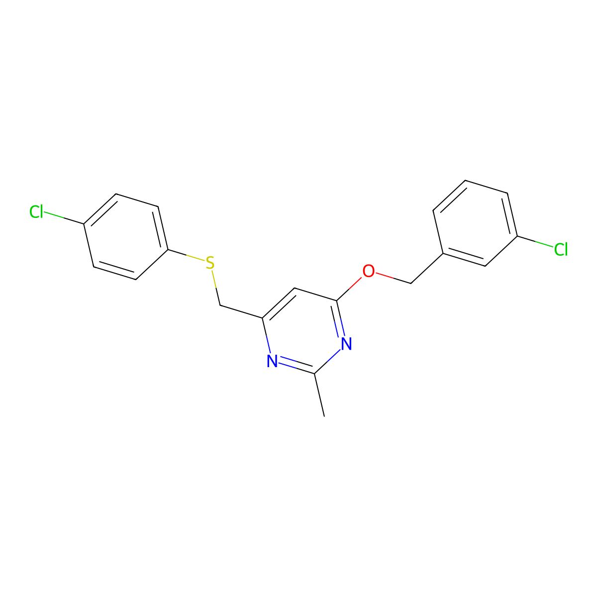 3-Chlorobenzyl 6-(((4-chlorophenyl)sulfanyl)methyl)-2-methyl-4-pyrimidinyl ether molecular structure, CAS 338960-41-1