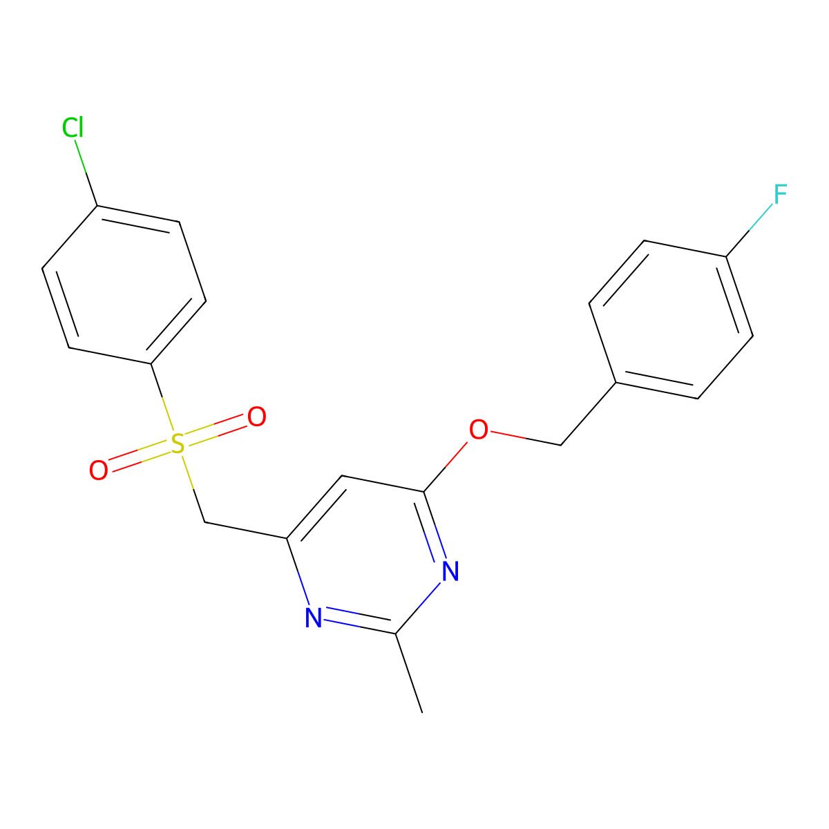 4-(((4-Chlorophenyl)sulfonyl)methyl)-6-((4-fluorobenzyl)oxy)-2-methylpyrimidine molecular structure, CAS 338960-43-3