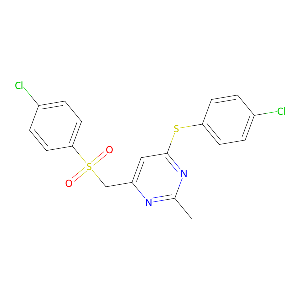 4-(4-Chlorophenyl)sulfanyl-6-[(4-chlorophenyl)sulfonylmethyl]-2-methylpyrimidine molecular structure, CAS 338960-45-5