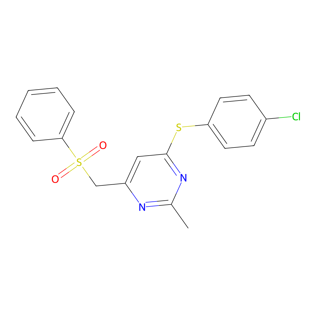 (6-((4-Chlorophenyl)sulfanyl)-2-methyl-4-pyrimidinyl)methyl phenyl sulfone molecular structure, CAS 338960-46-6
