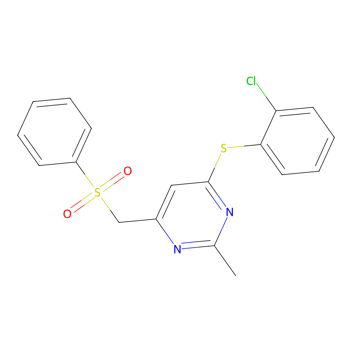 (6-((2-Chlorophenyl)sulfanyl)-2-methyl-4-pyrimidinyl)methyl phenyl sulfone molecular structure, CAS 338960-50-2