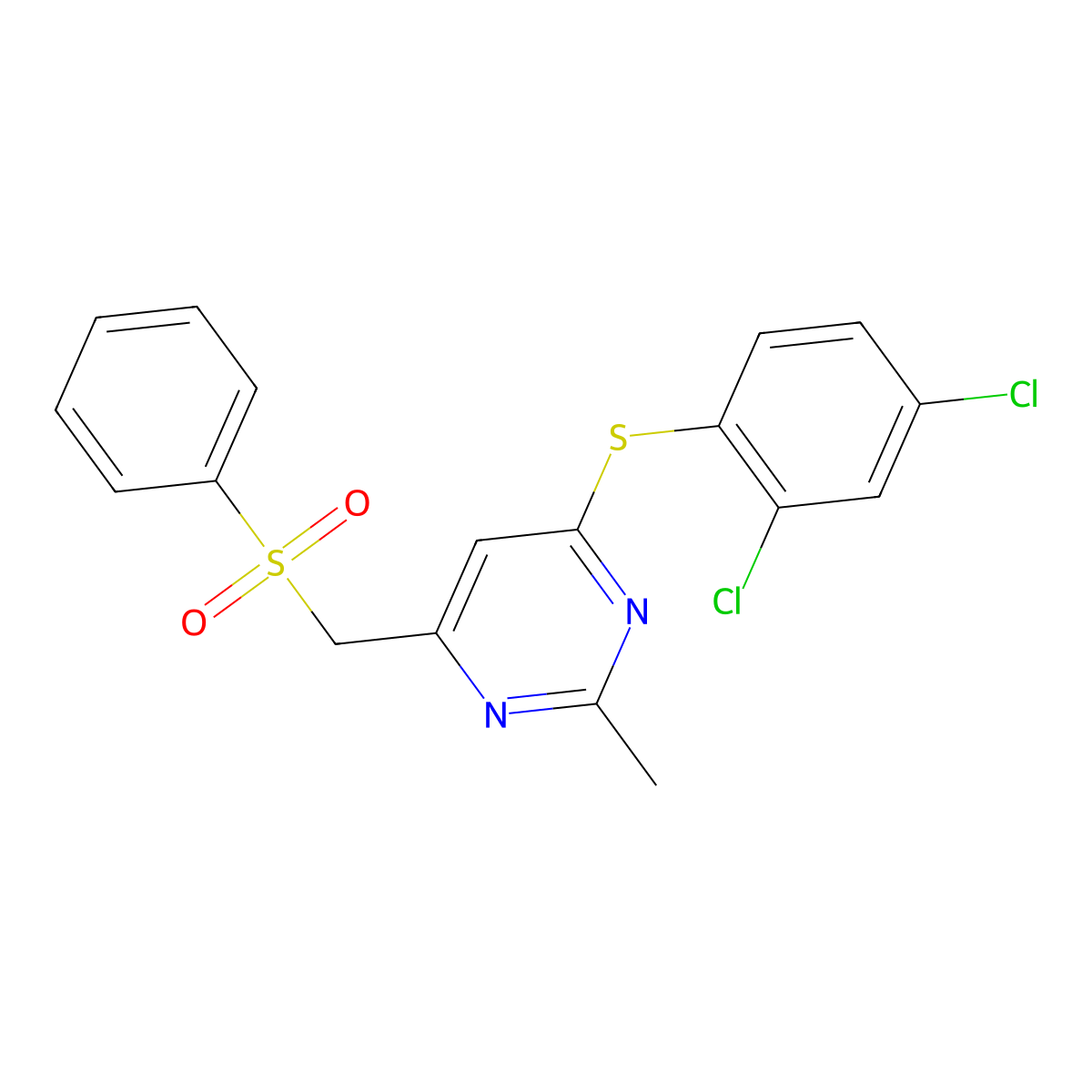 (6-((2,4-Dichlorophenyl)sulfanyl)-2-methyl-4-pyrimidinyl)methyl phenyl sulfone molecular structure, CAS 338960-51-3