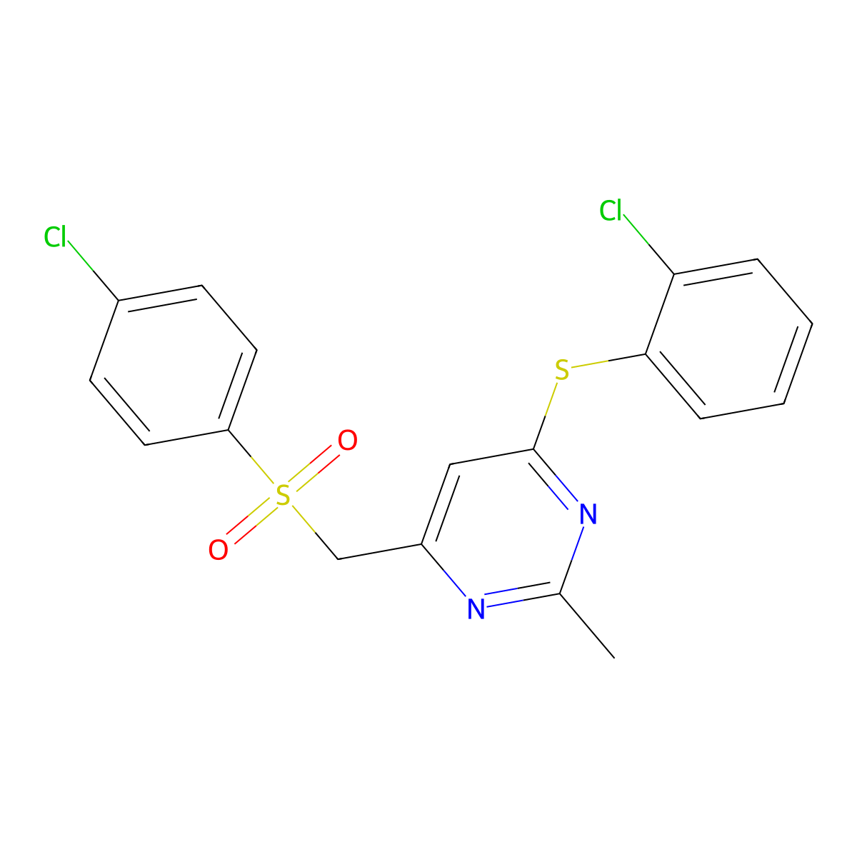 4-(2-Chlorophenyl)sulfanyl-6-[(4-chlorophenyl)sulfonylmethyl]-2-methylpyrimidine molecular structure, CAS 338960-54-6