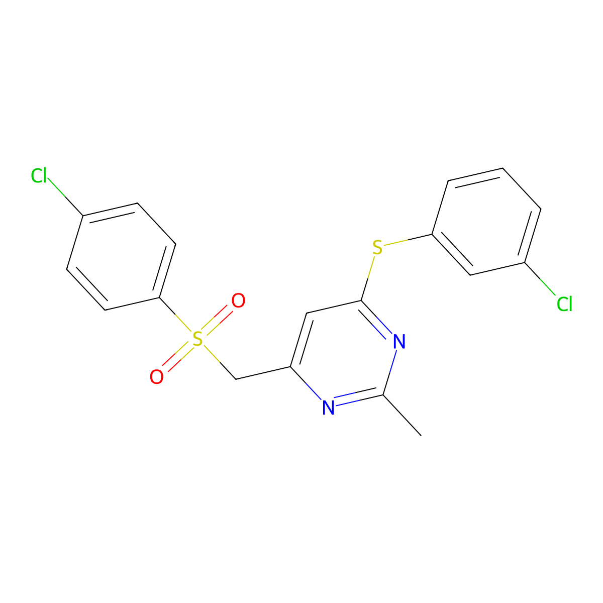 4-((3-Chlorophenyl)sulfanyl)-6-(((4-chlorophenyl)sulfonyl)methyl)-2-methylpyrimidine molecular structure, CAS 338960-55-7