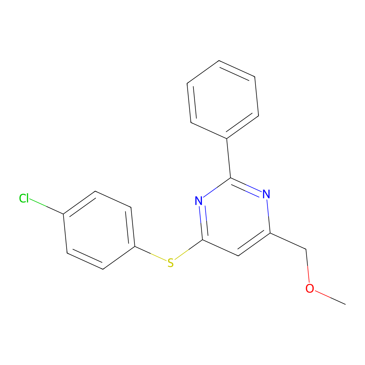 {6-[(4-Chlorophenyl)sulfanyl]-2-phenyl-4-pyrimidinyl}methyl methyl ether molecular structure, CAS 338960-71-7