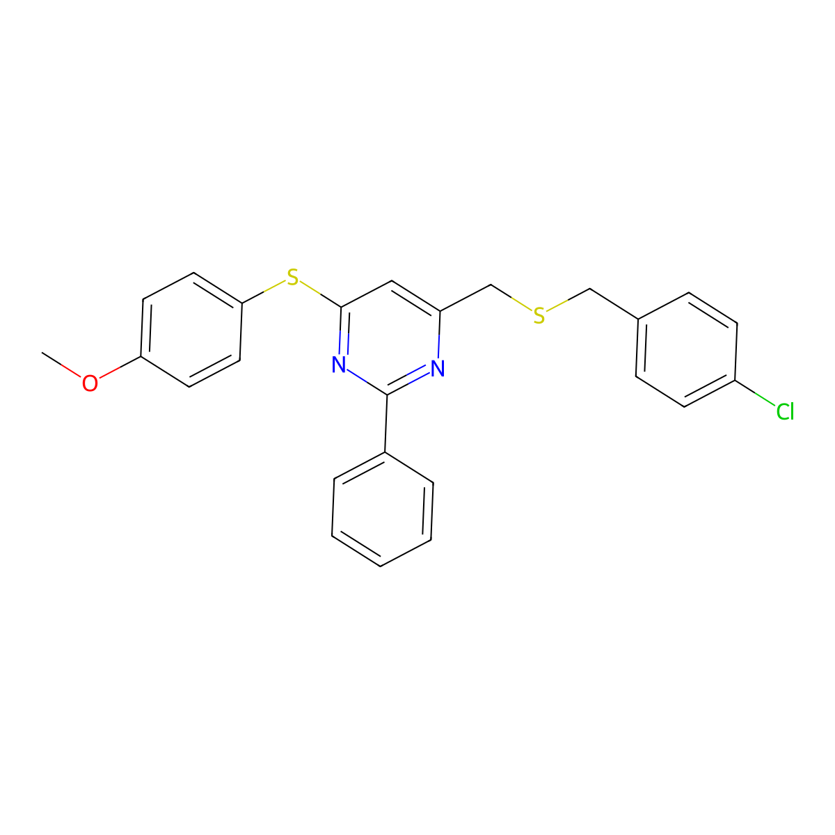 4-(((4-Chlorobenzyl)sulfanyl)methyl)-6-((4-methoxyphenyl)sulfanyl)-2-phenylpyrimidine molecular structure, CAS 338960-76-2
