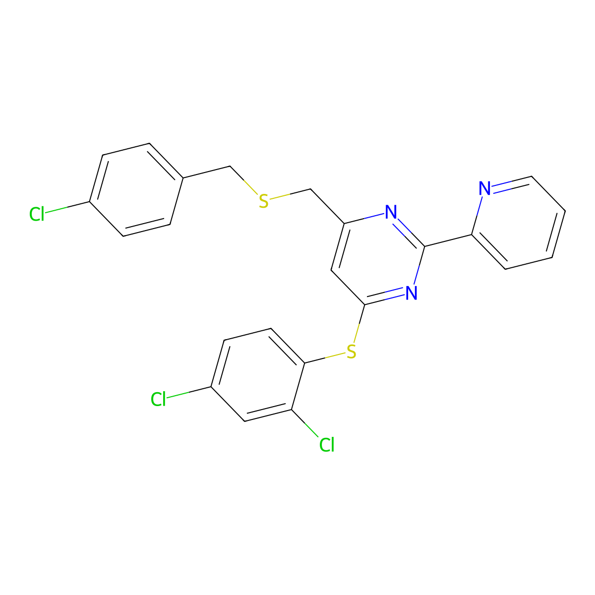 4-(((4-Chlorobenzyl)sulfanyl)methyl)-6-((2,4-dichlorophenyl)sulfanyl)-2-(2-pyridinyl)pyrimidine molecular structure, CAS 338960-86-4
