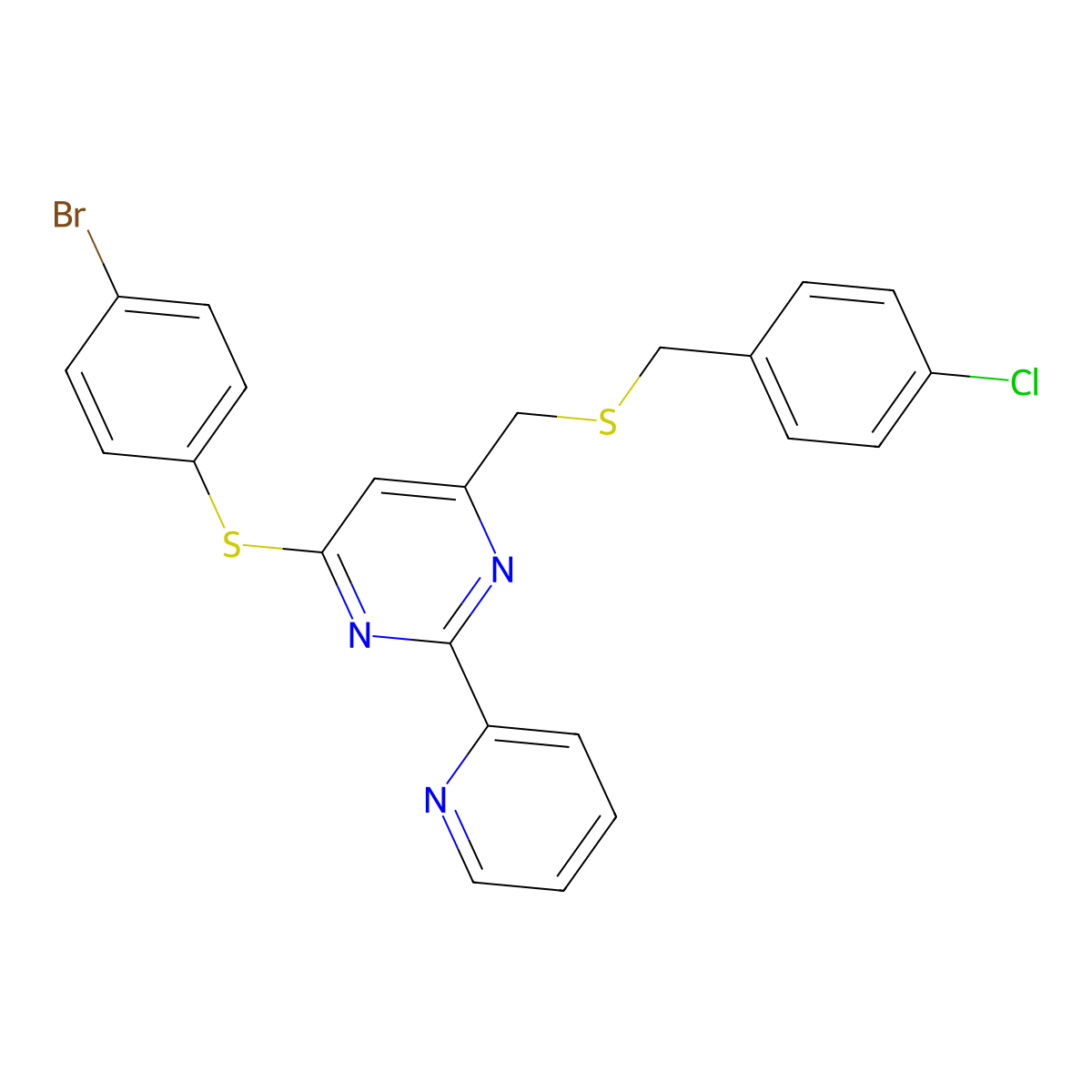 4-((4-Bromophenyl)sulfanyl)-6-(((4-chlorobenzyl)sulfanyl)methyl)-2-(2-pyridinyl)pyrimidine molecular structure, CAS 338960-87-5