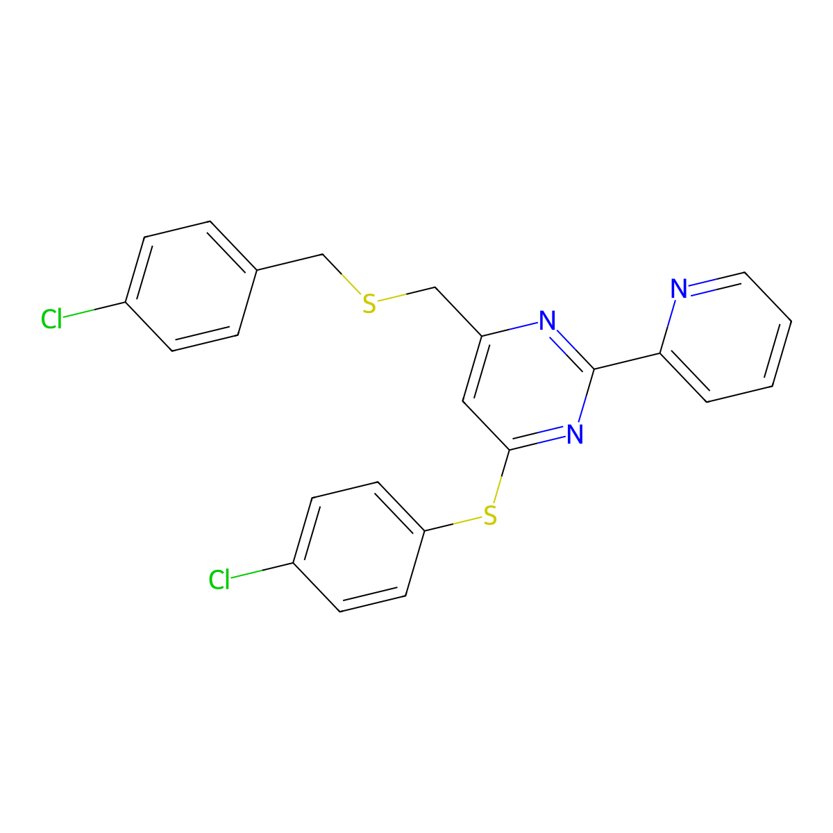 4-(((4-Chlorobenzyl)sulfanyl)methyl)-6-((4-chlorophenyl)sulfanyl)-2-(2-pyridinyl)pyrimidine molecular structure, CAS 338960-88-6