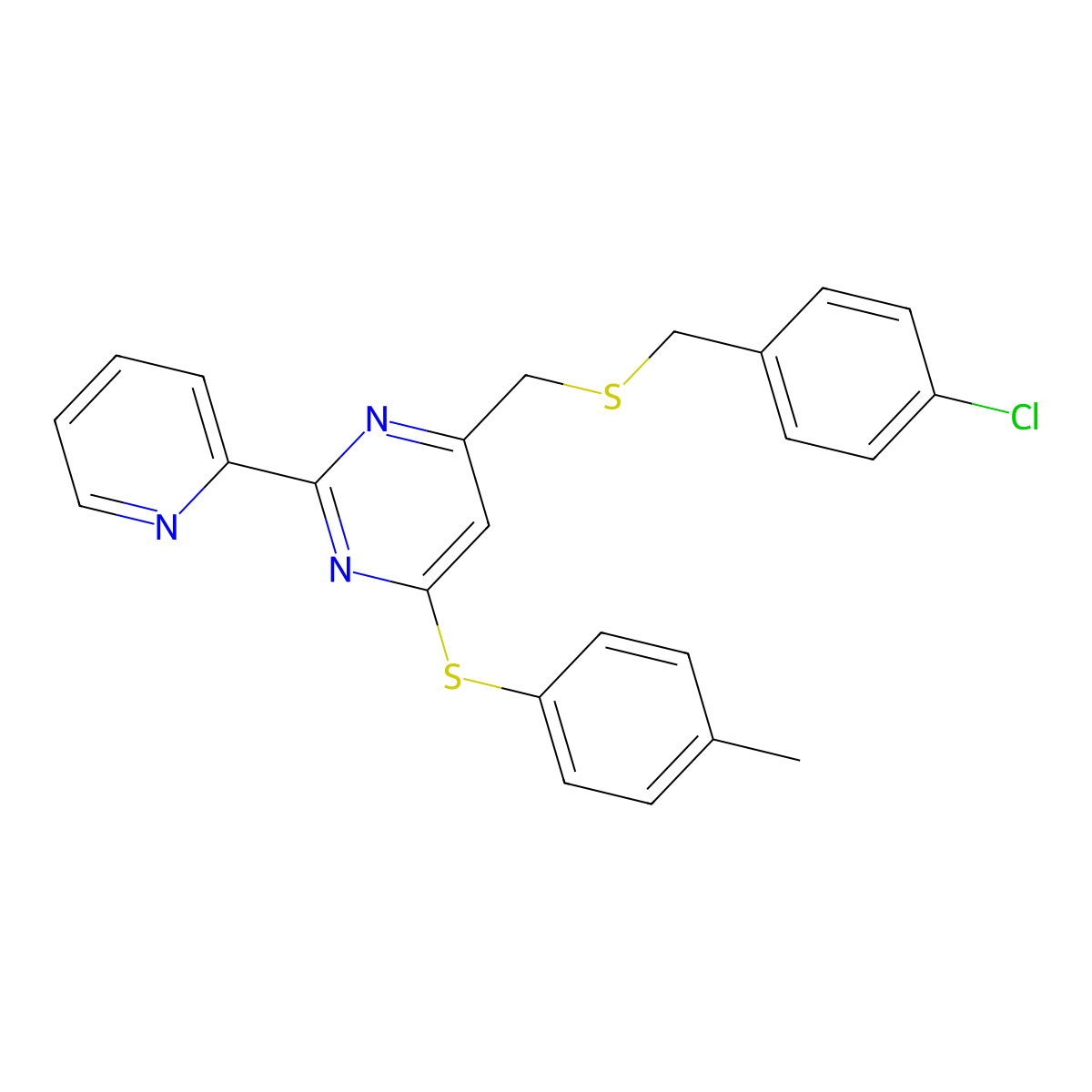 4-(((4-Chlorobenzyl)sulfanyl)methyl)-6-((4-methylphenyl)sulfanyl)-2-(2-pyridinyl)pyrimidine molecular structure, CAS 338960-89-7