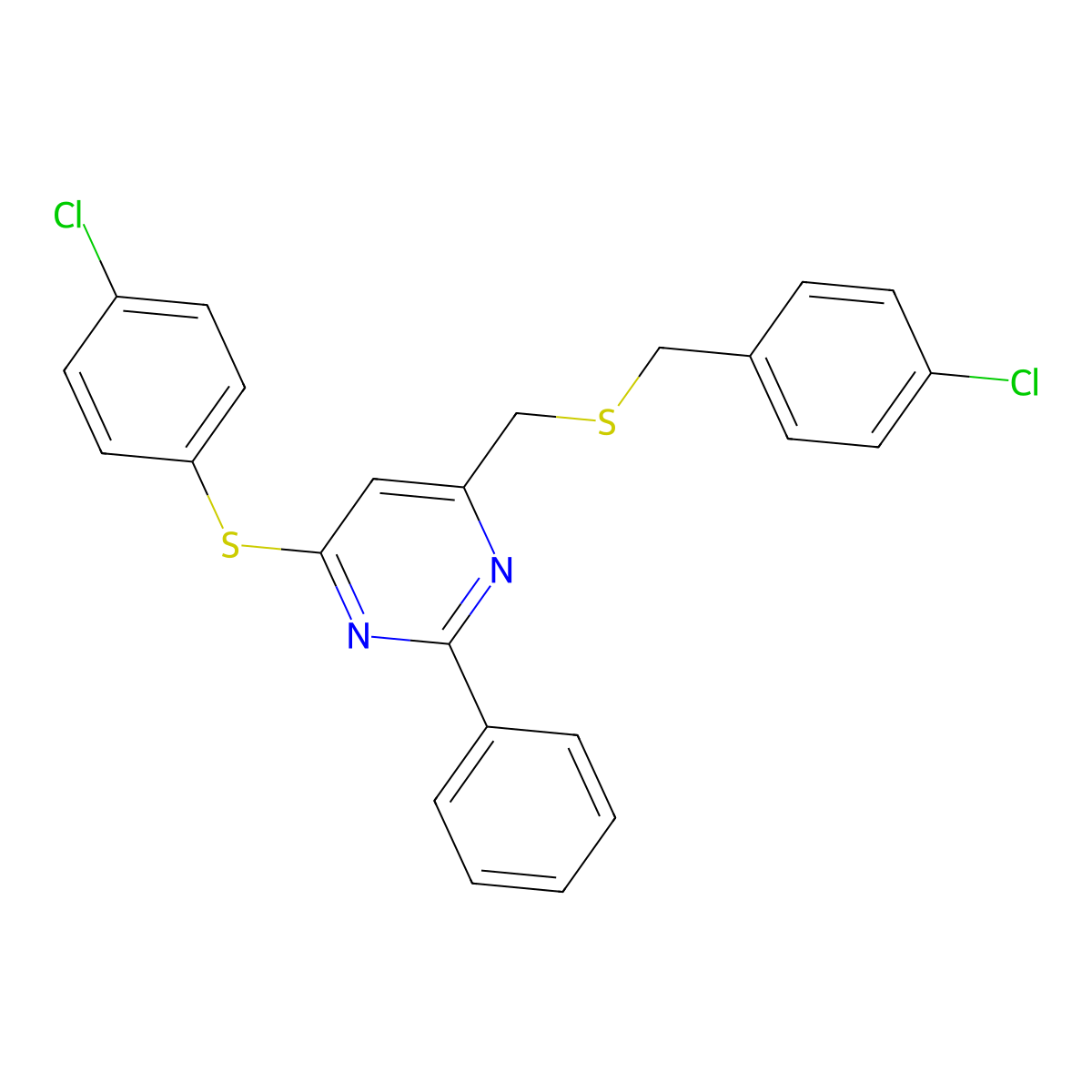 4-(((4-Chlorobenzyl)sulfanyl)methyl)-6-((4-chlorophenyl)sulfanyl)-2-phenylpyrimidine molecular structure, CAS 338960-93-3