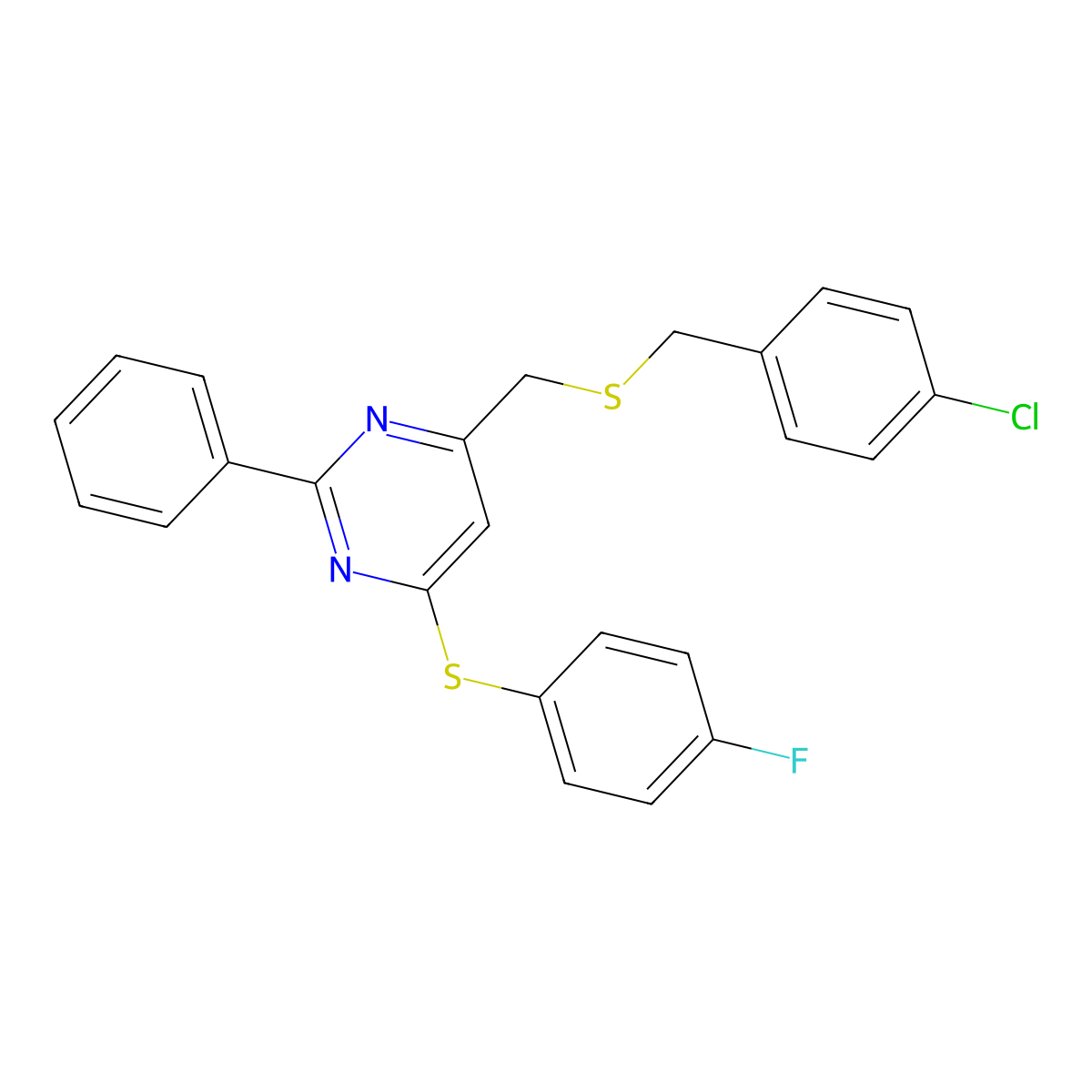 4-(((4-Chlorobenzyl)sulfanyl)methyl)-6-((4-fluorophenyl)sulfanyl)-2-phenylpyrimidine molecular structure, CAS 338960-99-9