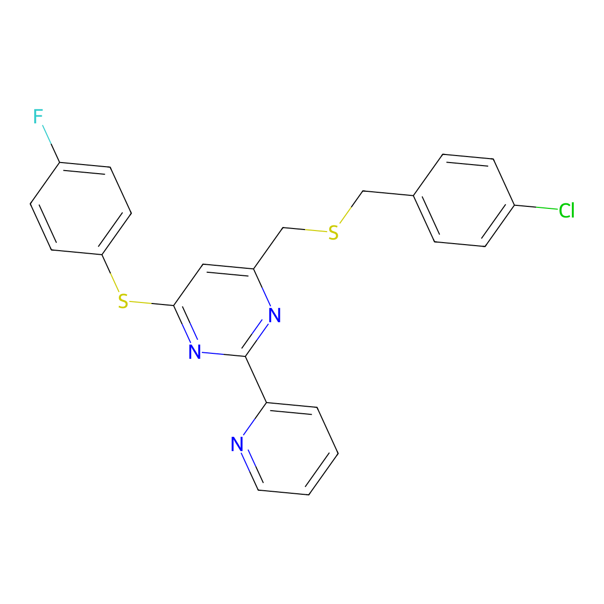 4-(((4-Chlorobenzyl)sulfanyl)methyl)-6-((4-fluorophenyl)sulfanyl)-2-(2-pyridinyl)pyrimidine molecular structure, CAS 338961-01-6