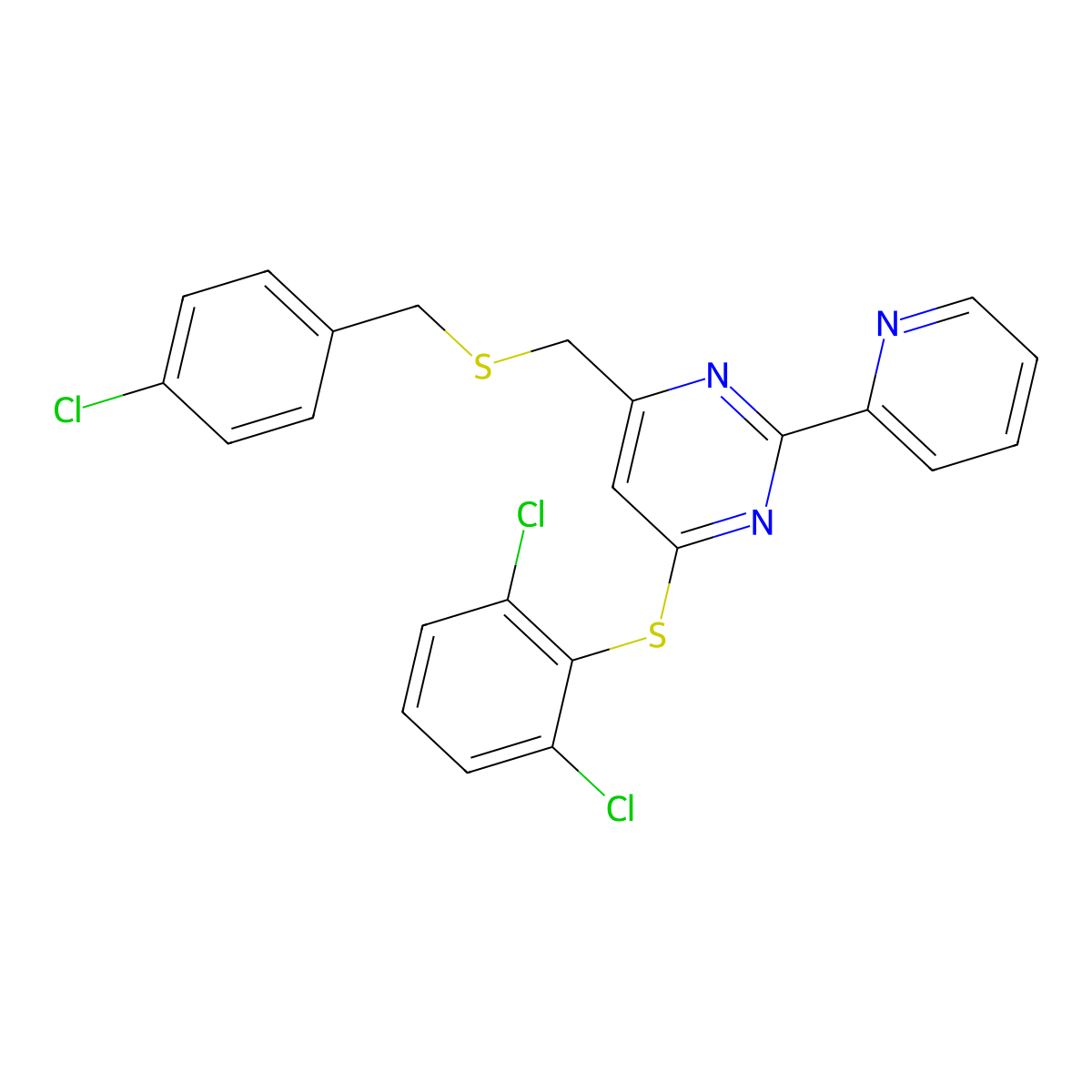 4-(((4-Chlorobenzyl)sulfanyl)methyl)-6-((2,6-dichlorophenyl)sulfanyl)-2-(2-pyridinyl)pyrimidine molecular structure, CAS 338961-03-8