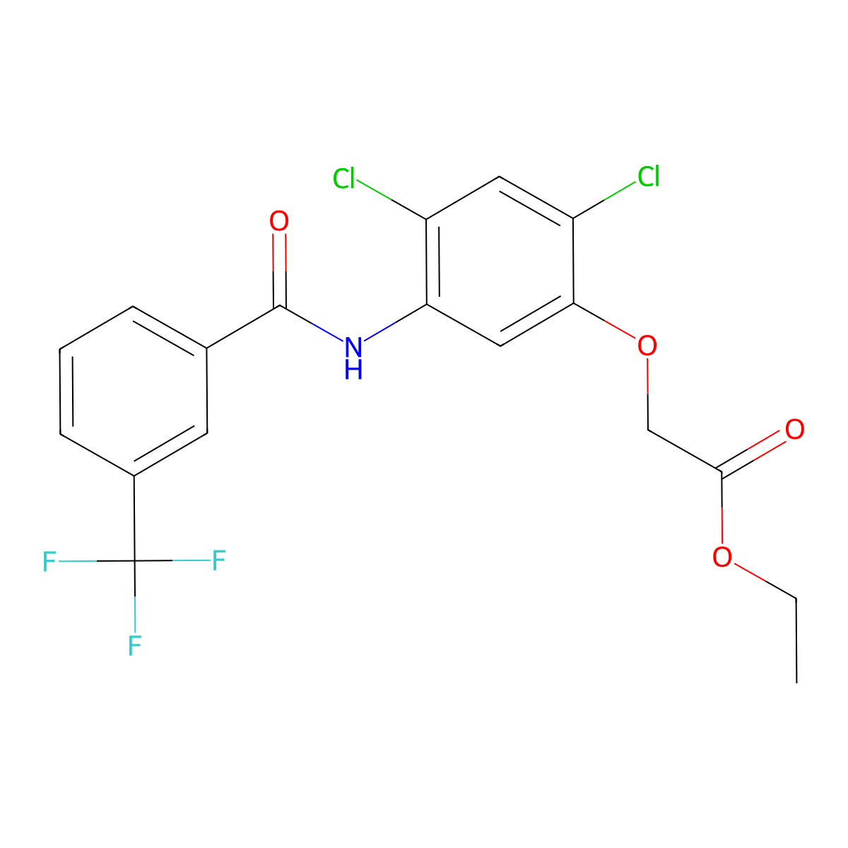 Ethyl 2-(2,4-dichloro-5-((3-(trifluoromethyl)benzoyl)amino)phenoxy)acetate molecular structure, CAS 338961-36-7