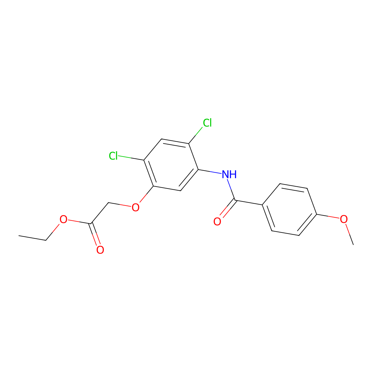 Ethyl 2-(2,4-dichloro-5-((4-methoxybenzoyl)amino)phenoxy)acetate molecular structure, CAS 338961-37-8