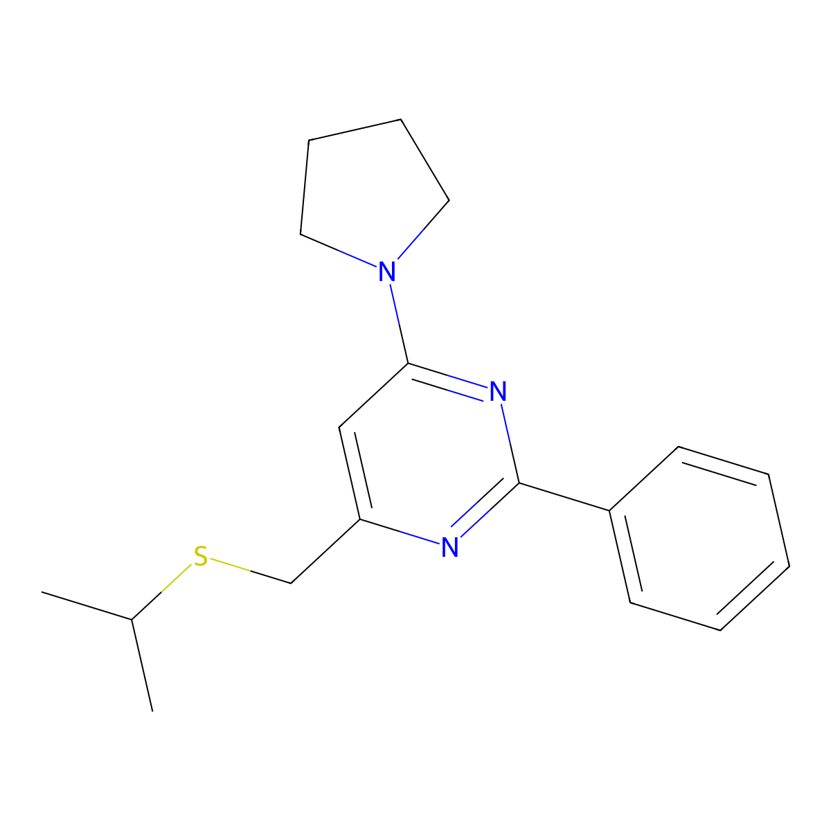 Isopropyl [2-phenyl-6-(1-pyrrolidinyl)-4-pyrimidinyl]methyl sulfide molecular structure, CAS 338961-42-5