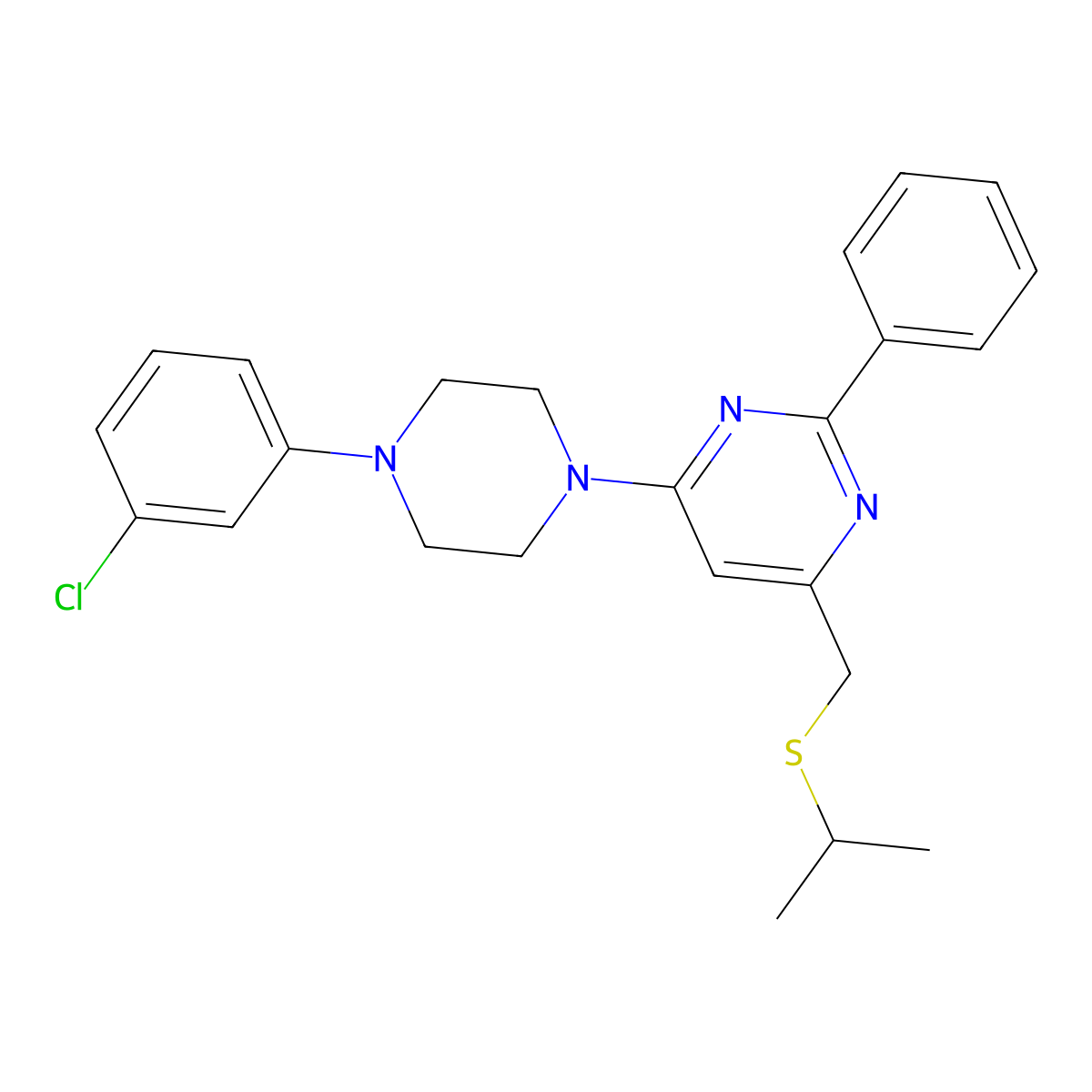 4-[4-(3-Chlorophenyl)piperazino]-6-[(isopropylsulfanyl)methyl]-2-phenylpyrimidine molecular structure, CAS 338961-52-7