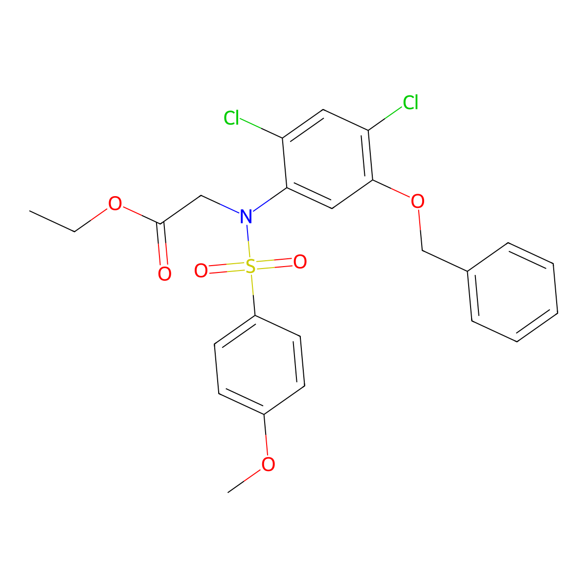 Ethyl 2-(5-(benzyloxy)-2,4-dichloro((4-methoxyphenyl)sulfonyl)anilino)acetate molecular structure, CAS 338961-56-1