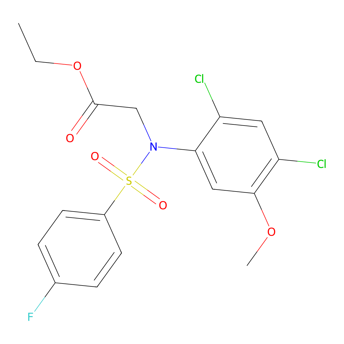 Ethyl 2-(2,4-dichloro((4-fluorophenyl)sulfonyl)-5-methoxyanilino)acetate molecular structure, CAS 338961-58-3