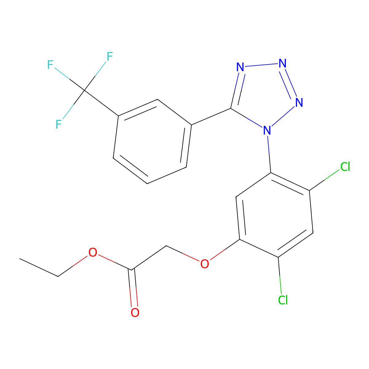 Ethyl 2-[2,4-dichloro-5-[5-[3-(trifluoromethyl)phenyl]tetrazol-1-yl]phenoxy]acetate molecular structure, CAS 338961-67-4