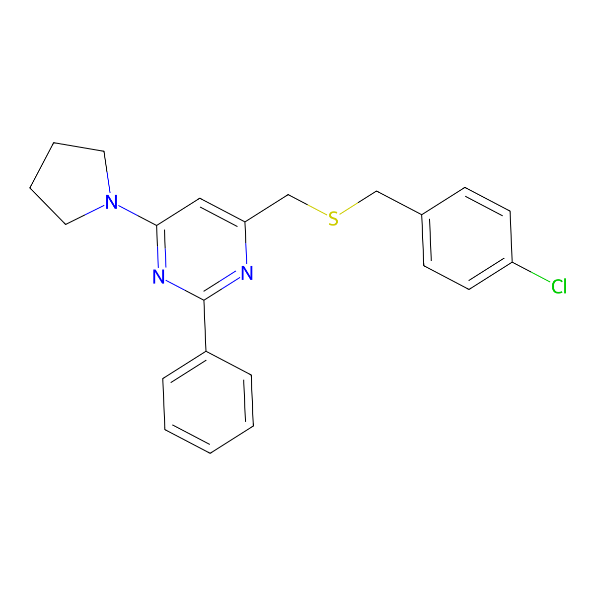 4-Chlorobenzyl [2-phenyl-6-(1-pyrrolidinyl)-4-pyrimidinyl]methyl sulfide molecular structure, CAS 338961-72-1