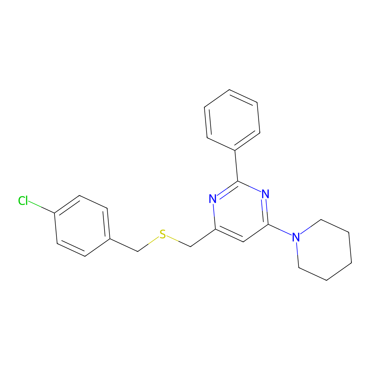 4-Chlorobenzyl (2-phenyl-6-piperidino-4-pyrimidinyl)methyl sulfide molecular structure, CAS 338961-75-4