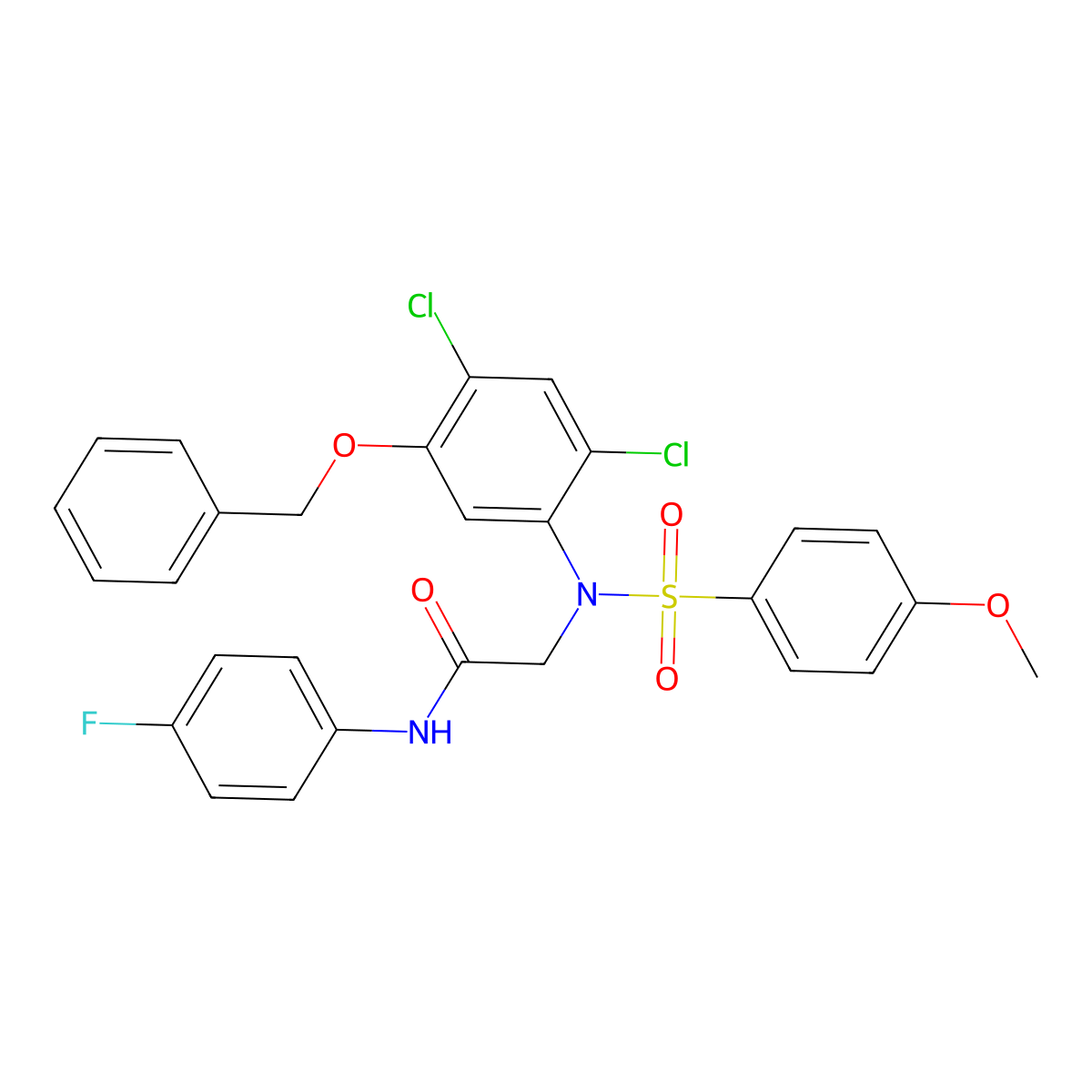 2-{5-(benzyloxy)-2,4-dichloro[(4-methoxyphenyl)sulfonyl]anilino}-N-(4-fluorophenyl)acetamide molecular structure, CAS 338961-77-6