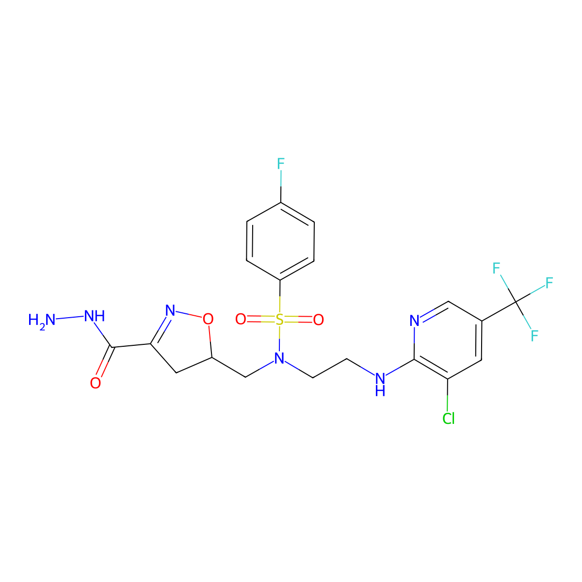 N-(2-((3-Chloro-5-(trifluoromethyl)-2-pyridinyl)amino)ethyl)-4-fluoro-N-((3-(hydrazinocarbonyl)-4,5-dihydro-5-isoxazolyl)methyl)benzenesulfonamide molecular structure, CAS 338961-92-5