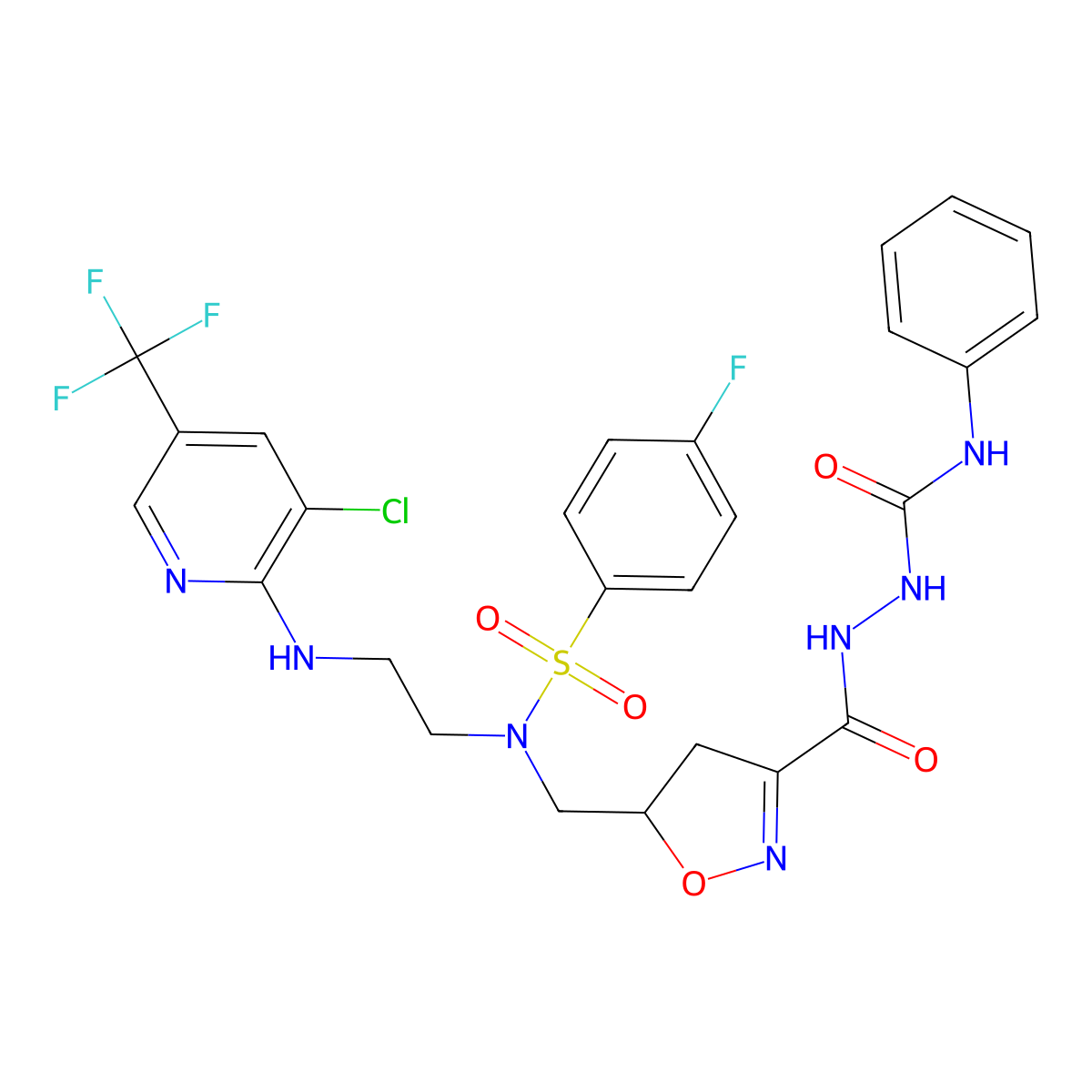5-{[N-(2-{[3-chloro-5-(trifluoromethyl)pyridin-2-yl]amino}ethyl)4-fluorobenzenesulfonamido]methyl}-N-[(phenylcarbamoyl)amino]-4,5-dihydro-1,2-oxazole-3-carboxamide molecular structure, CAS 338961-99-2