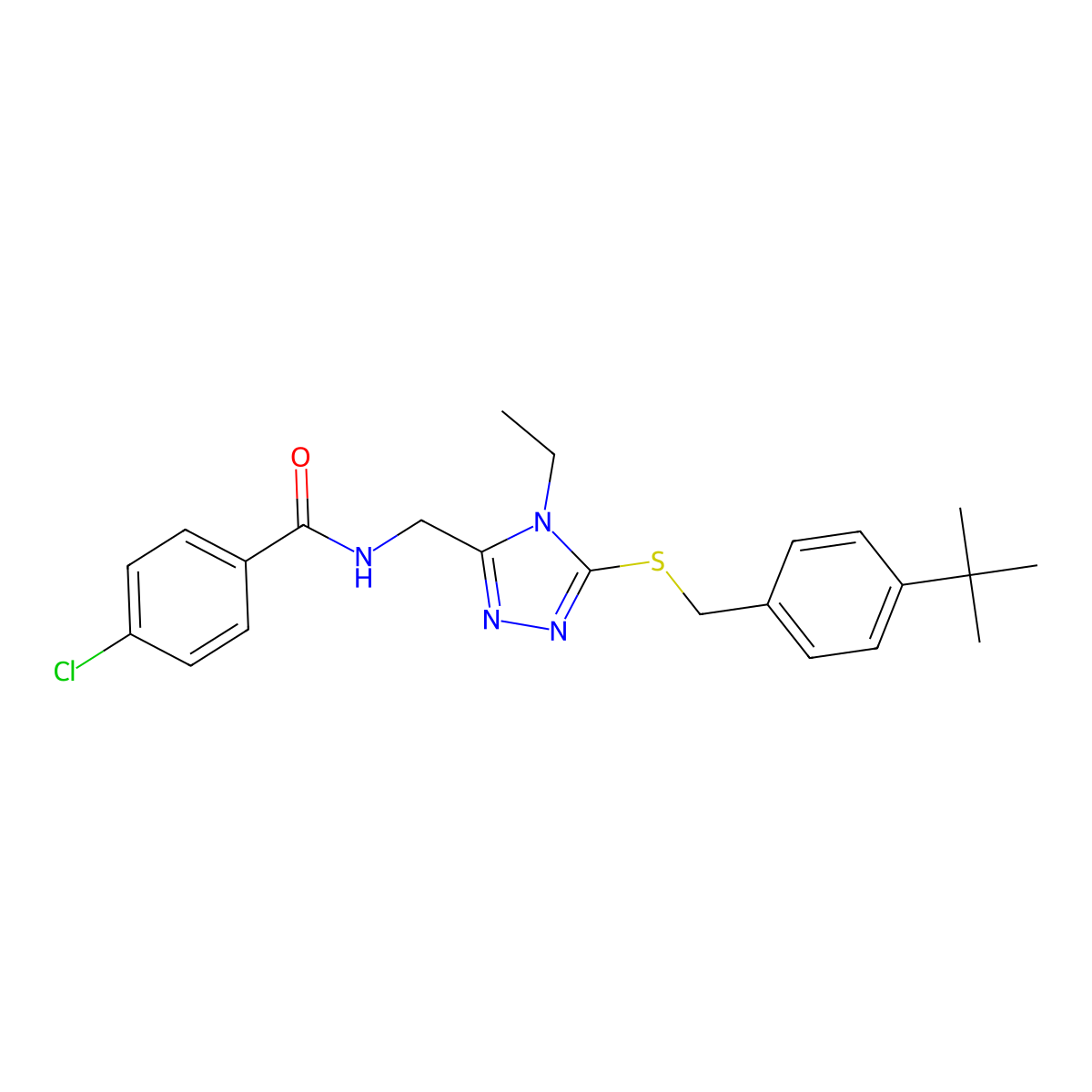 N-[(5-{[4-(tert-butyl)benzyl]sulfanyl}-4-ethyl-4H-1,2,4-triazol-3-yl)methyl]-4-chlorobenzenecarboxamide molecular structure, CAS 338962-52-0