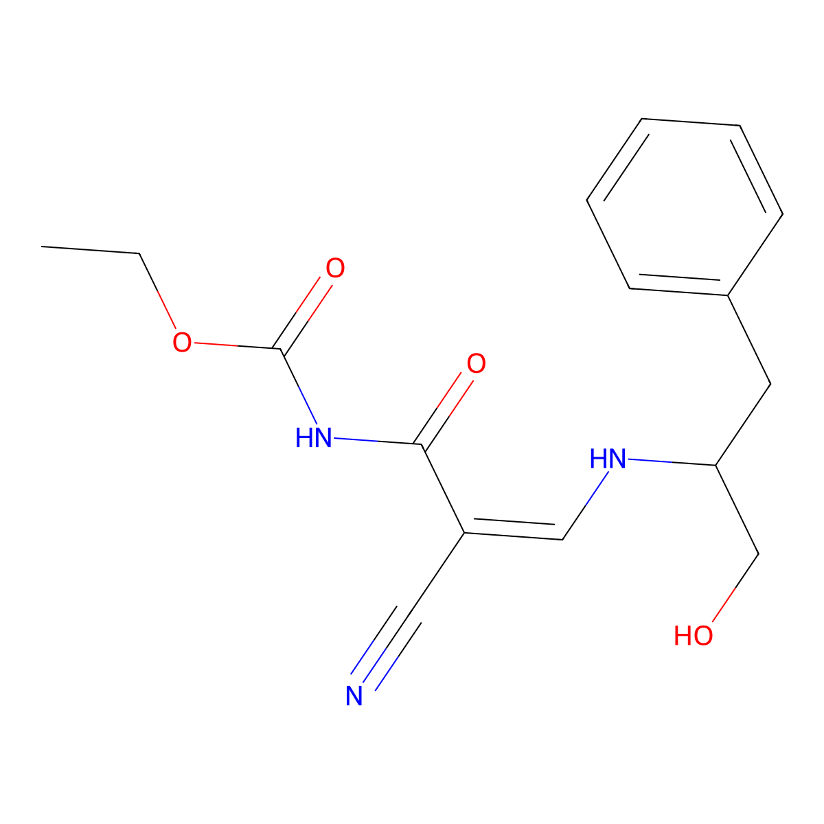 ethyl N-[(2E)-2-cyano-2-{[(1-hydroxy-3-phenylpropan-2-yl)amino]methylidene}acetyl]carbamate molecular structure, CAS 338963-01-2