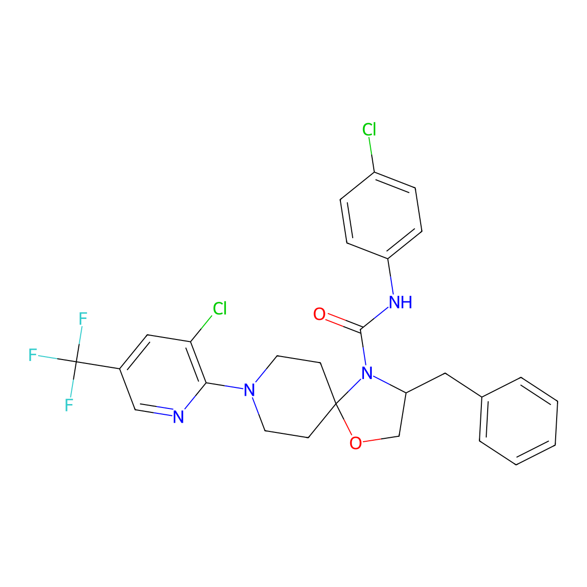 3-benzyl-N-(4-chlorophenyl)-8-[3-chloro-5-(trifluoromethyl)-2-pyridinyl]-1-oxa-4,8-diazaspiro[4.5]decane-4-carboxamide molecular structure, CAS 338963-08-9