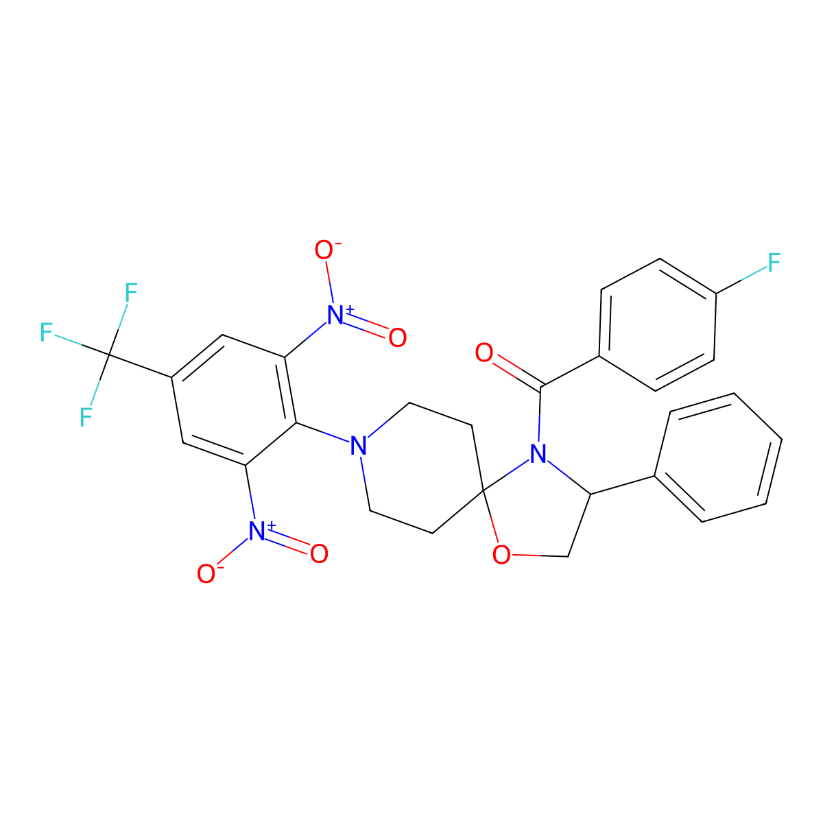 {8-[2,6-Dinitro-4-(trifluoromethyl)phenyl]-3-phenyl-1-oxa-4,8-diazaspiro[4.5]dec-4-yl}(4-fluorophenyl)methanone molecular structure, CAS 338963-22-7