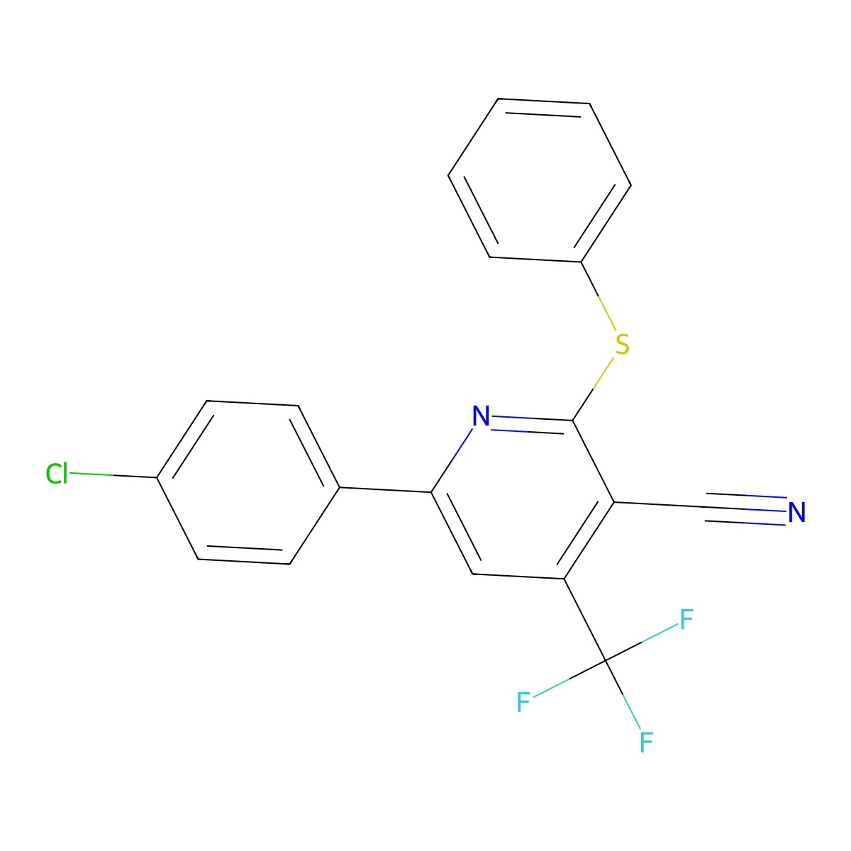 6-(4-Chlorophenyl)-2-(phenylsulfanyl)-4-(trifluoromethyl)nicotinonitrile molecular structure, CAS 338963-44-3