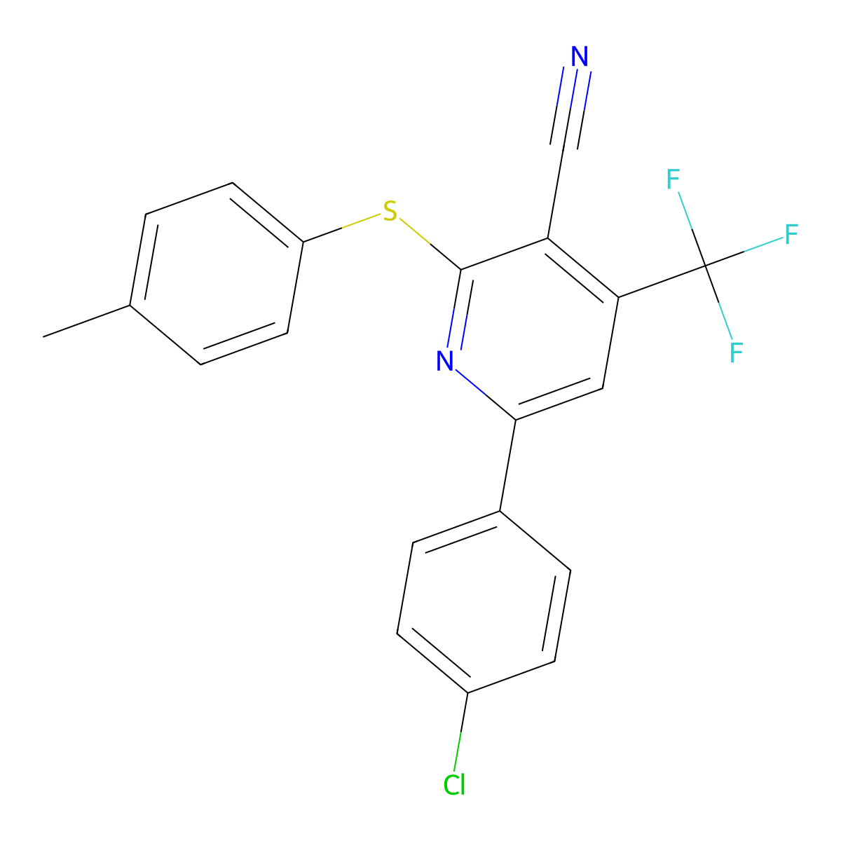 6-(4-Chlorophenyl)-2-[(4-methylphenyl)sulfanyl]-4-(trifluoromethyl)nicotinonitrile molecular structure, CAS 338963-45-4