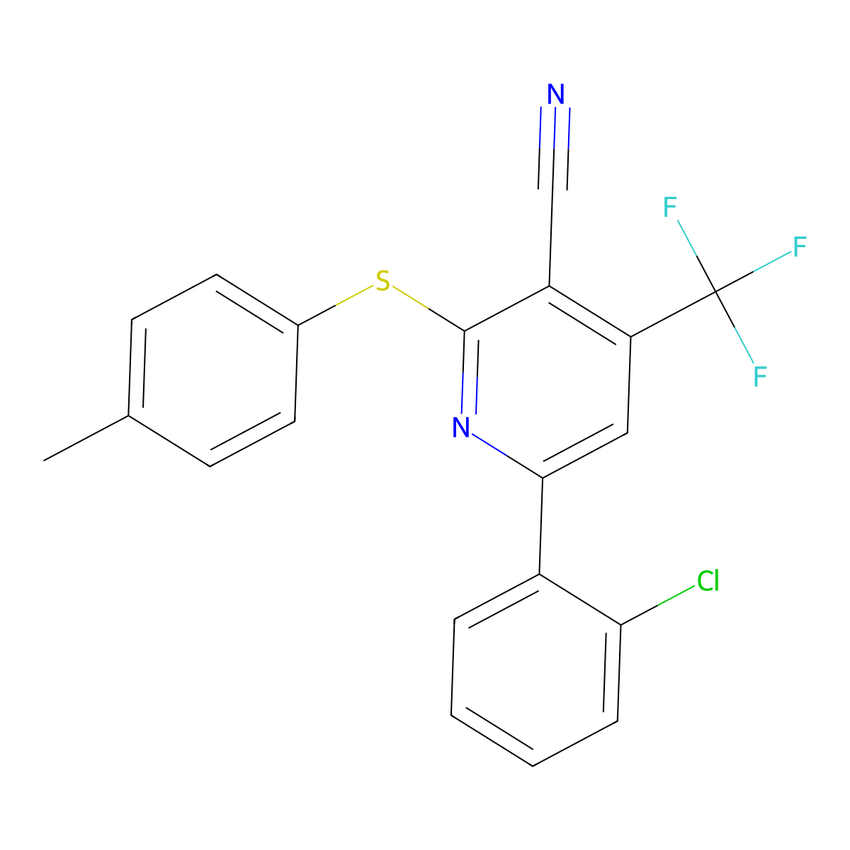 6-(2-Chlorophenyl)-2-[(4-methylphenyl)sulfanyl]-4-(trifluoromethyl)nicotinonitrile molecular structure, CAS 338963-48-7
