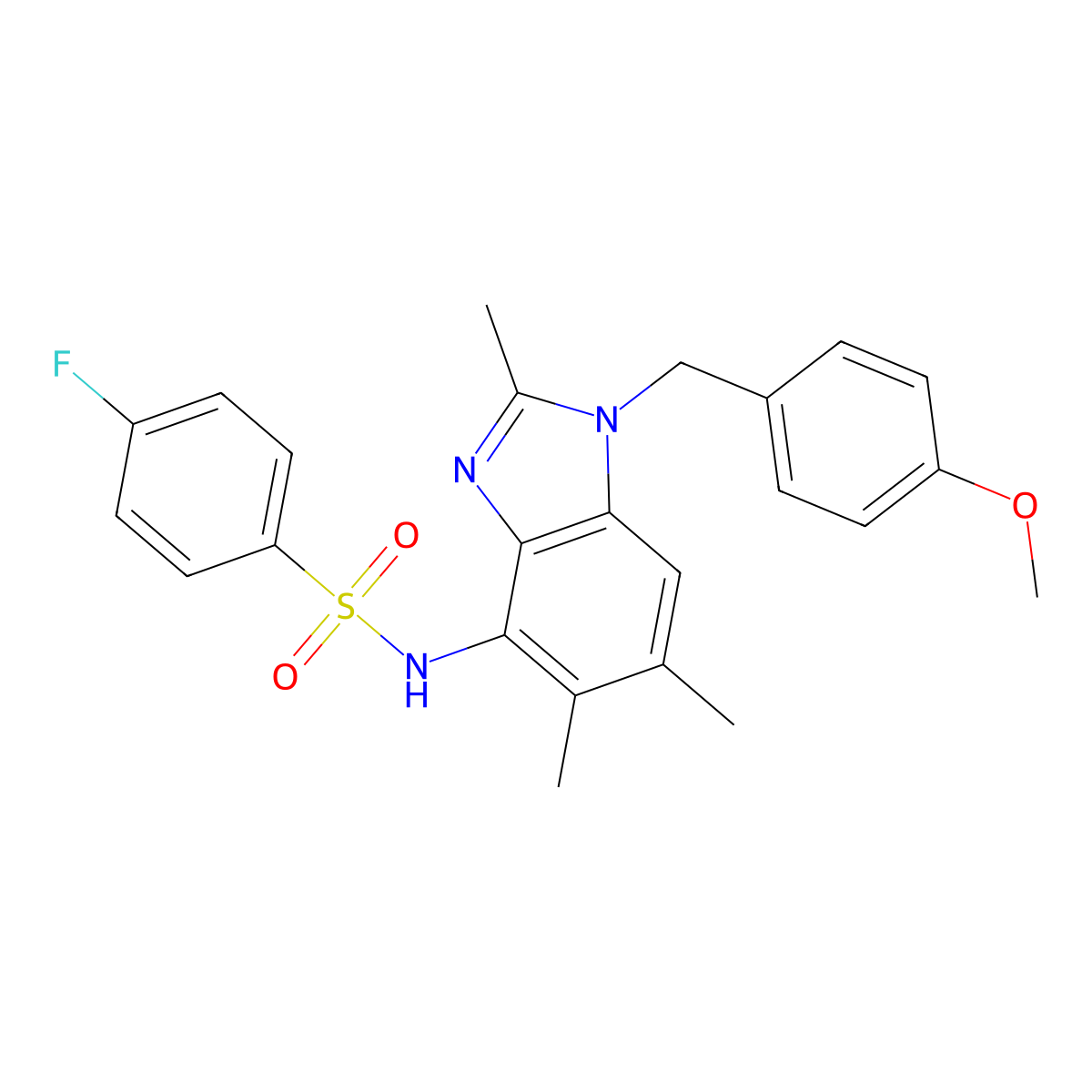 4-fluoro-N-[1-(4-methoxybenzyl)-2,5,6-trimethyl-1H-1,3-benzimidazol-4-yl]benzenesulfonamide molecular structure, CAS 338964-23-1
