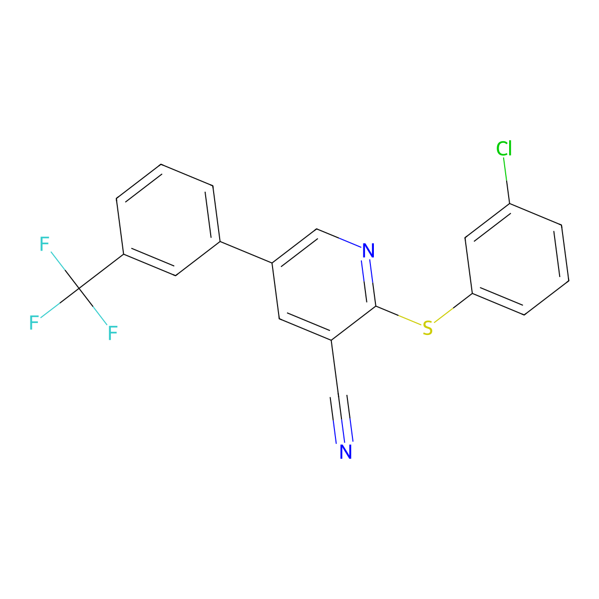 2-[(3-Chlorophenyl)sulfanyl]-5-[3-(trifluoromethyl)phenyl]nicotinonitrile molecular structure, CAS 338964-73-1