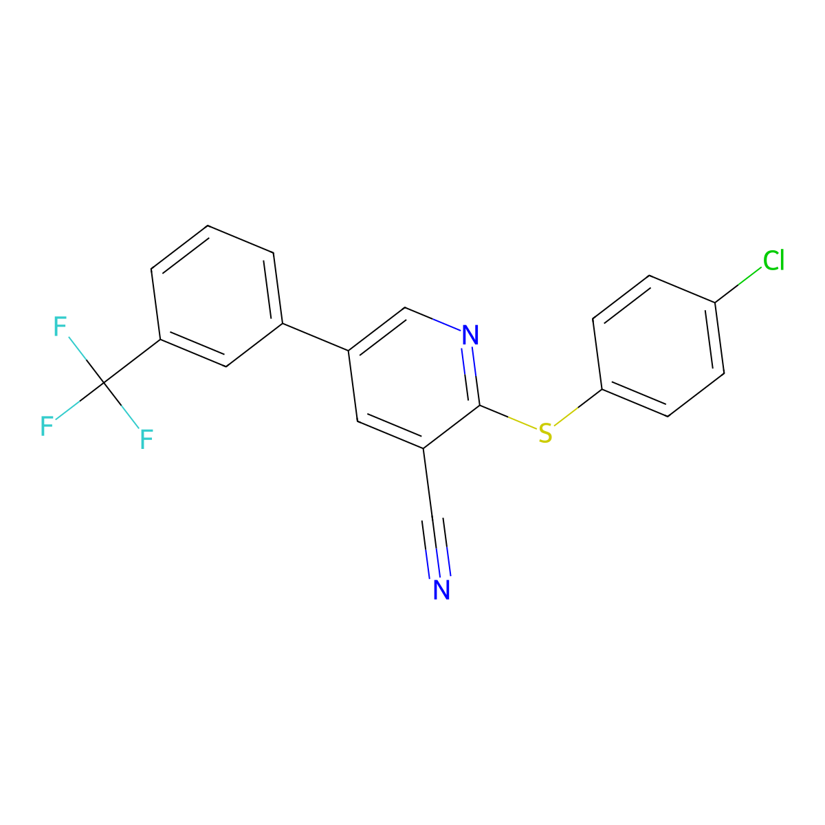 2-[(4-Chlorophenyl)sulfanyl]-5-[3-(trifluoromethyl)phenyl]nicotinonitrile molecular structure, CAS 338964-75-3
